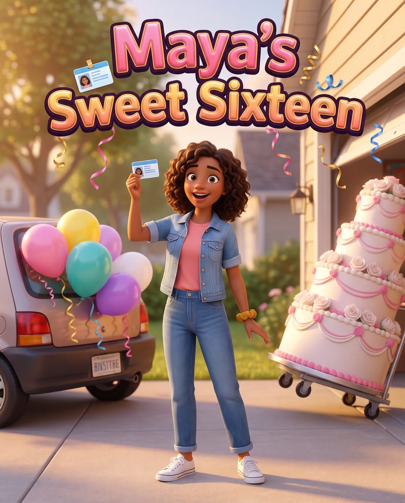 Example cover: Maya's Sweet Sixteen, a teenager holding up her new driver's license beside balloons and a giant cake