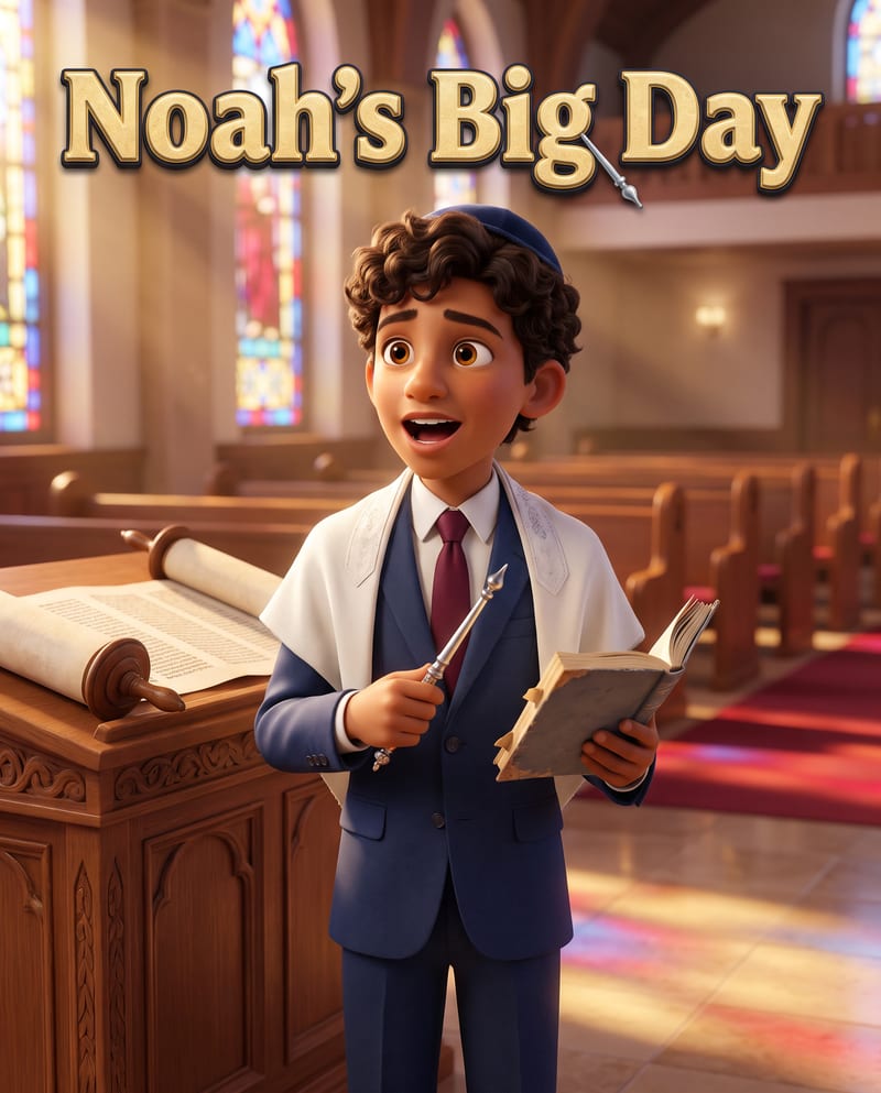 Example cover: Noah's Big Day, a boy at his bar mitzvah in a prayer shawl holding a silver pointer beside the Torah scroll