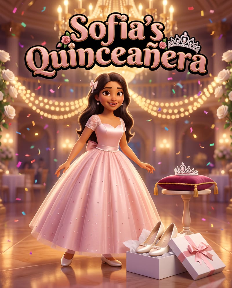Example cover: Sofia's Quinceañera, a girl in a pink ball gown with a tiara on a cushion and her first heels in a gift box