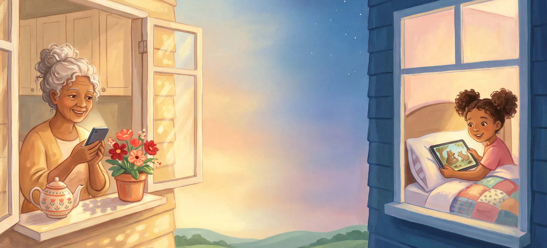 Grandma reads the book aloud from her phone at her kitchen window in the morning. Far away at night, her granddaughter watches the same book on a tablet in bed.