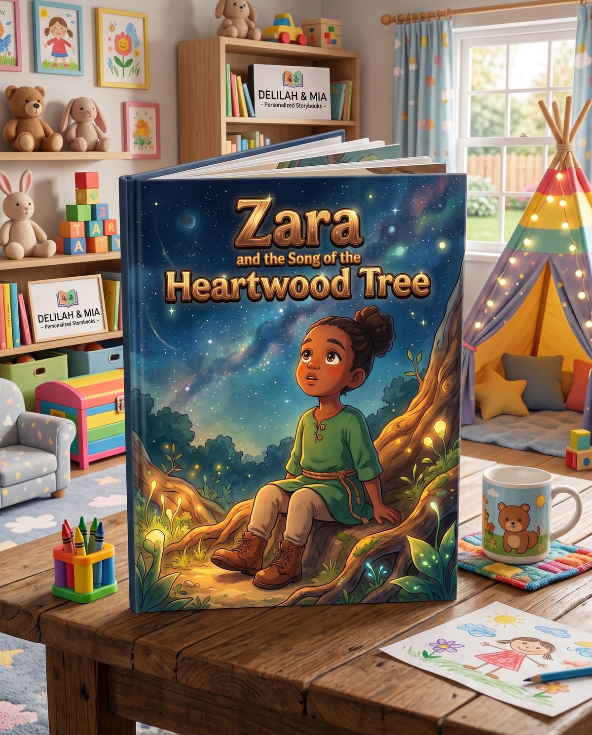 Open interior spread of a personalized baptism storybook made for a goddaughter, showing her AI-illustrated as the hero of the story