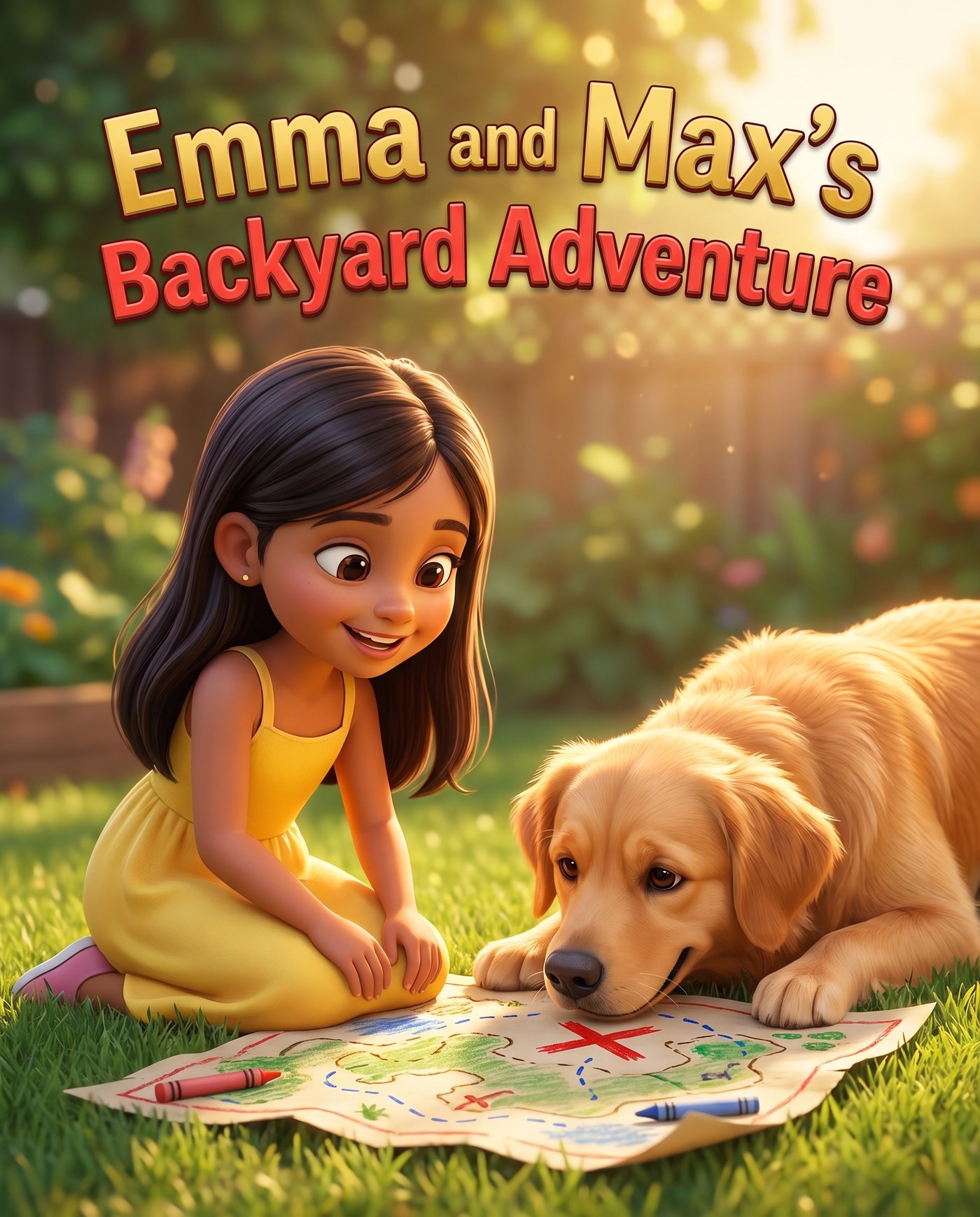 Illustrated storybook cover showing a young girl and her golden retriever studying a treasure map in a sunny backyard